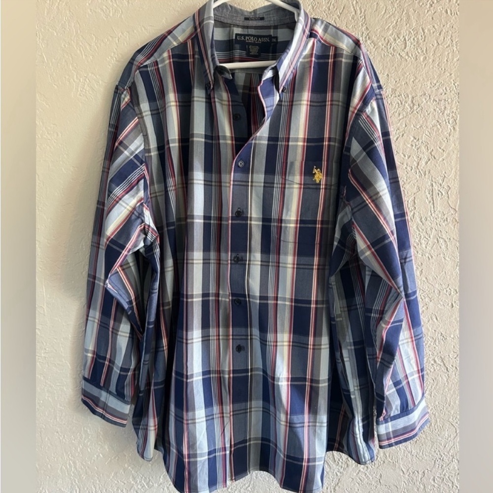 U S Polo red and blue plaid long sleeve button down. Size 2XL